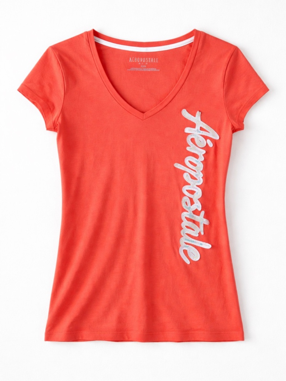 Aeropostale Coral V-Neck T-Shirt Woman Medium Side Logo Graphic Tee Casual Y2K